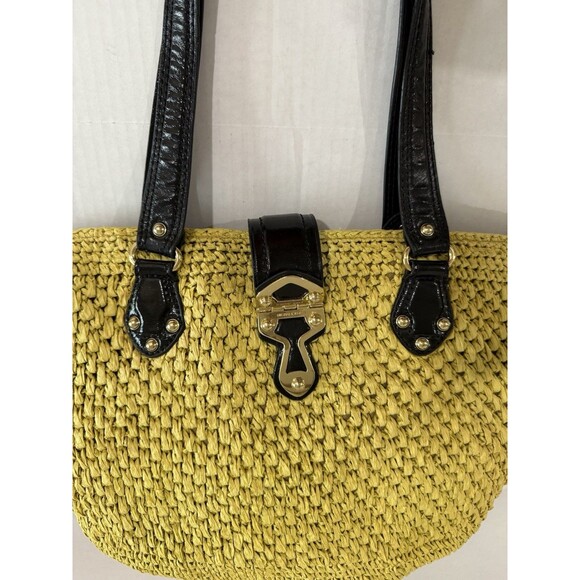 Michael Kors Womens Santorini Tote Bag Yellow Black Straw Patent Leather Woven - Picture 10 of 16